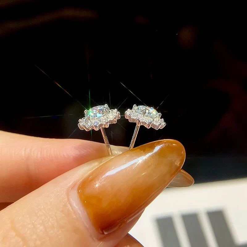 0.5ct Moissanite Halo Sunflower Stud Earrings 925 Sterling Silver Women
