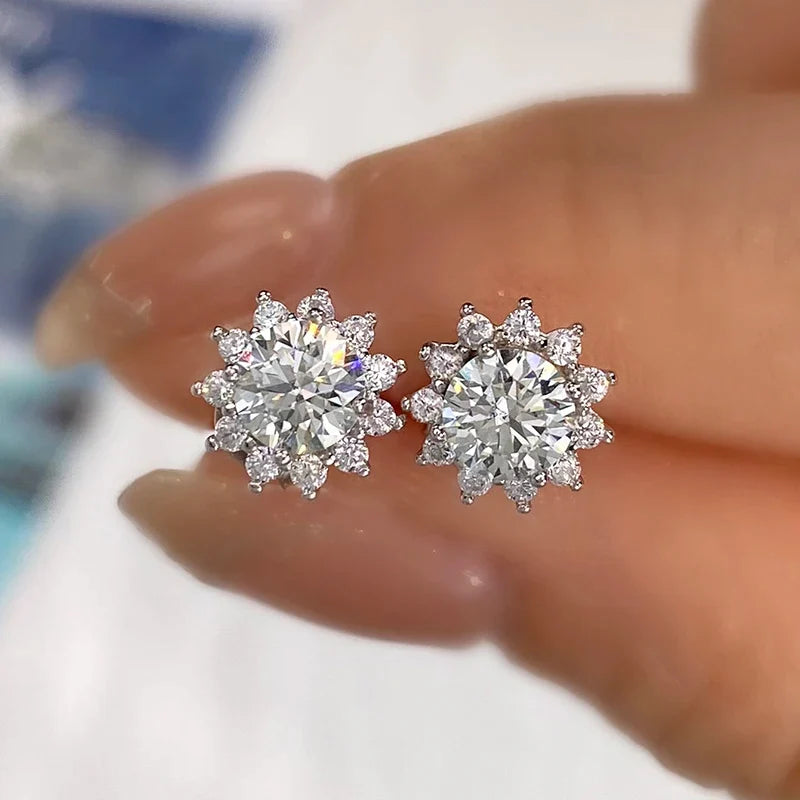 0.5ct Moissanite Halo Sunflower Stud Earrings 925 Sterling Silver Women