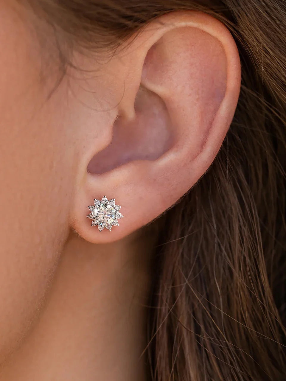 0.5ct Moissanite Halo Sunflower Stud Earrings 925 Sterling Silver Women