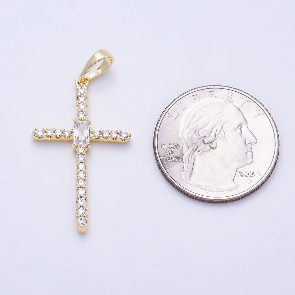 16K Gold Filled 32mm Clear Baguette Micro Paved CZ Cross Religious Pendant | Charms-01403