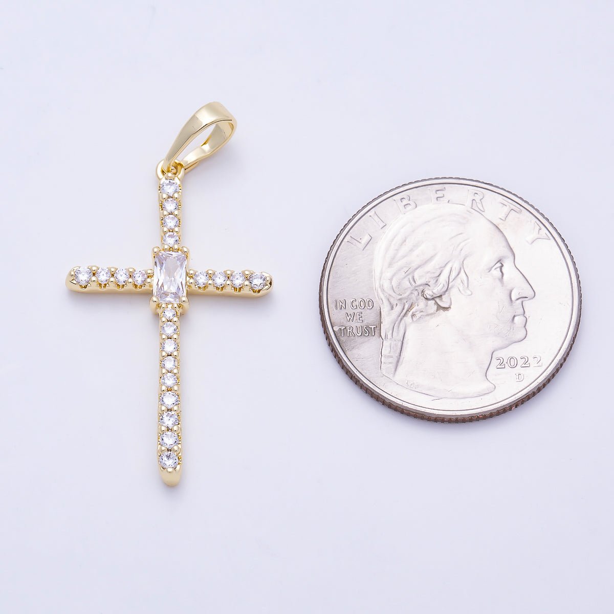 16K Gold Filled 32mm Clear Baguette Micro Paved CZ Cross Religious Pendant | Charms-01403