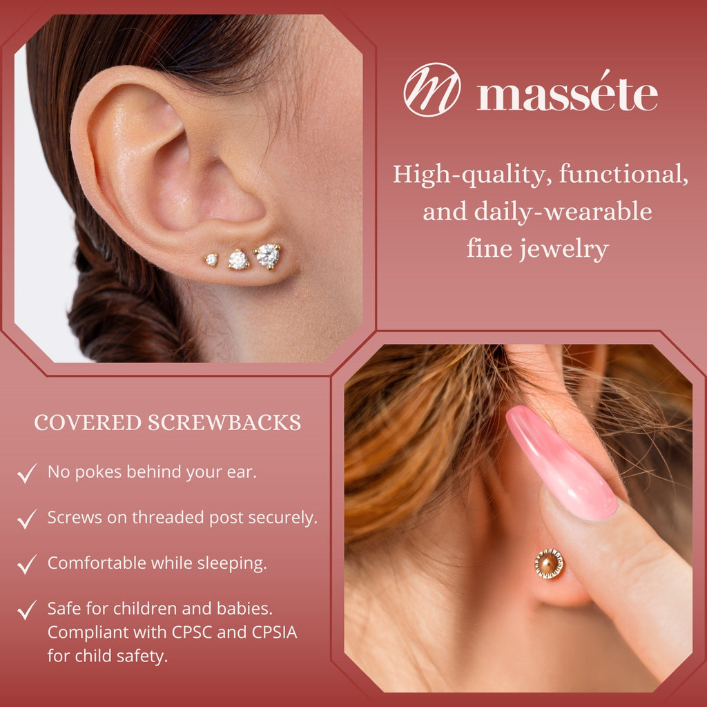 14k Gold 3 Prong Simulated Diamond Stud Earrings Martini Style| 3mm 4mm 5mm | Covered Screwback