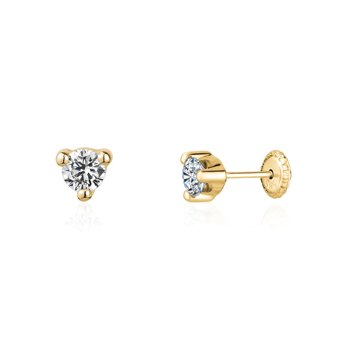14k Gold 3 Prong Simulated Diamond Stud Earrings Martini Style| 3mm 4mm 5mm | Covered Screwback