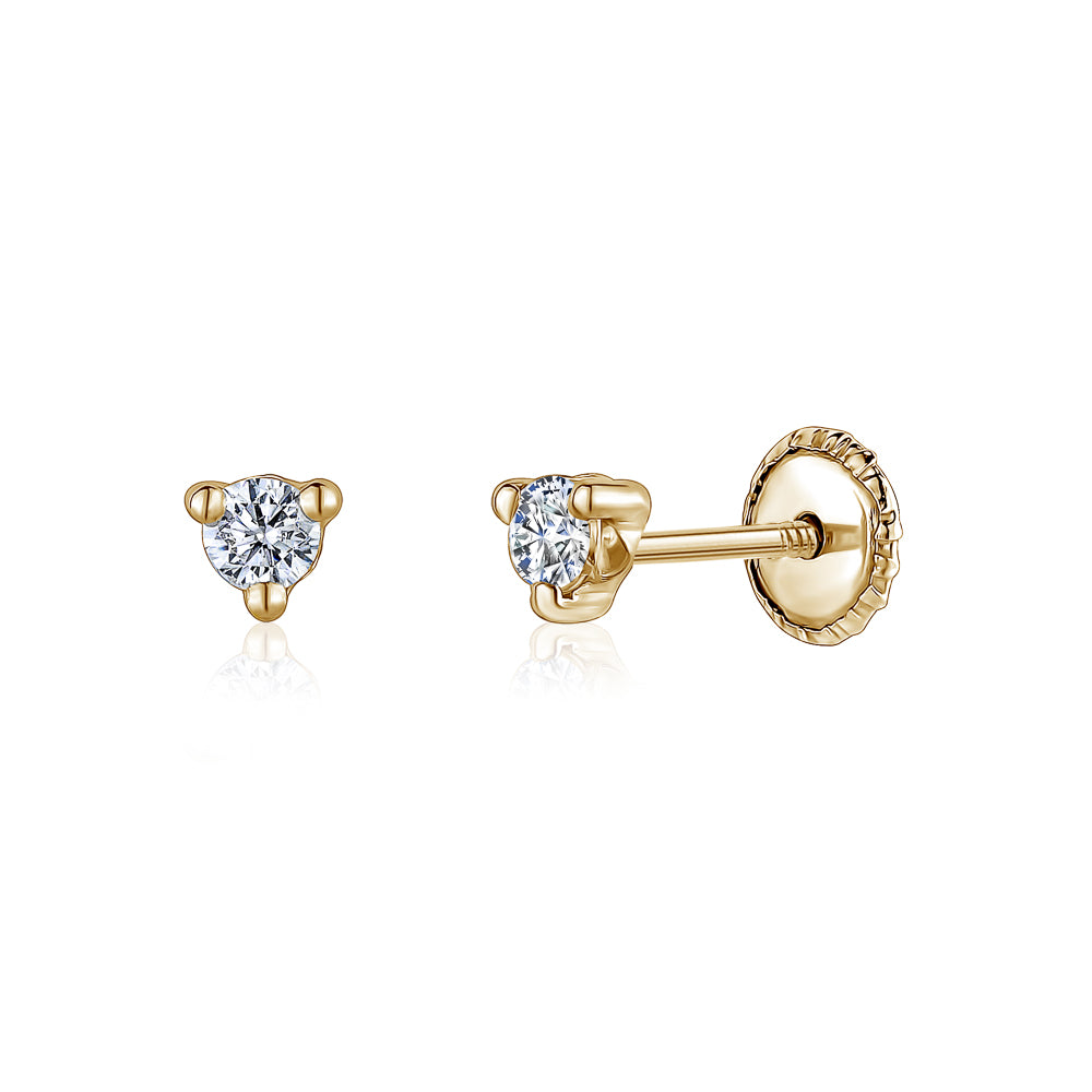 14k Gold 3 Prong Simulated Diamond Stud Earrings Martini Style| 3mm 4mm 5mm | Covered Screwback
